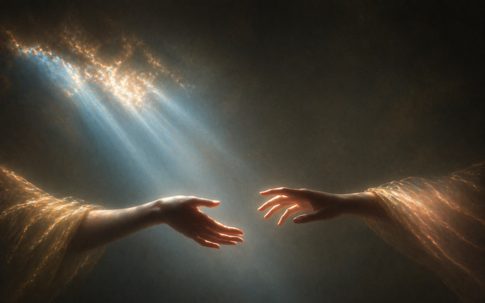 Two ethereal hands reaching toward each other